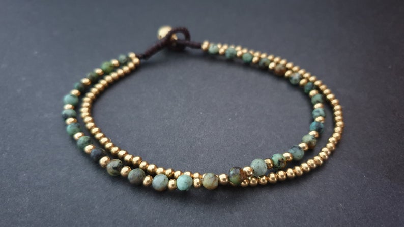 Round African Turquoise Stone Brass Chain Bracelet Anklet, Chain Bracelet, Women Anklet, Chip Anklet,Brass Chain , Beaded Bracelet