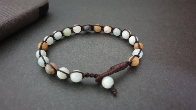 6mm Stone Handmade Wax Cord Single Bracelet, Beads Bracelet,Brown Cord