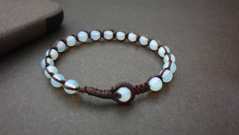 6 mm Moonstone Handmade Wax Cord Single Bracelet, Beads Bracelet,Brown Cord