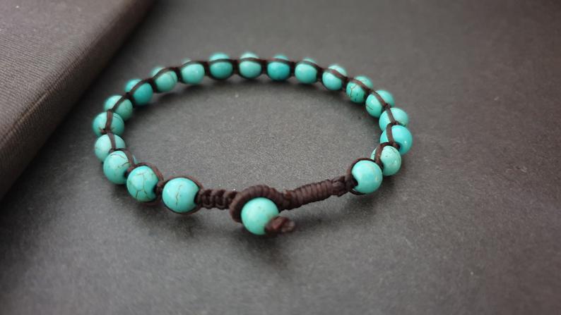 6 mm Blue Turquoise  Handmade Wax Cord Single Bracelet, Beads Bracelet,Brown Cord