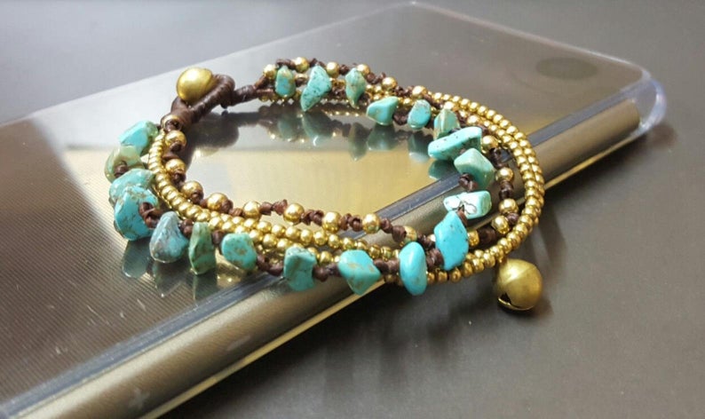 Chip Turquoise Stone Brass Chain Bracelet Anklet, Chain Bracelet, Women Anklet, Chip Anklet,Brass Chain , Beaded Bracelet