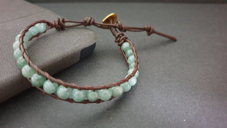 6 mm Jade  Leather Wrap Bracelet, Leather Bracelet,Wrap Bracelet