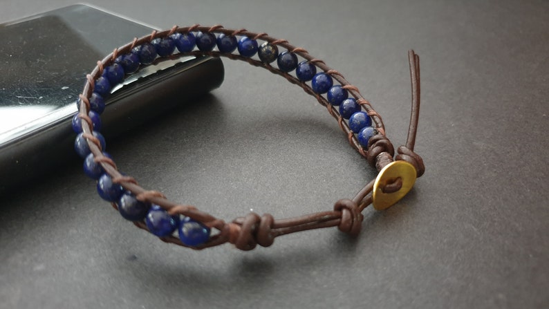 6 mm Lapis Lazuli Brown Leather Wrap Bracelet, Leather Bracelet,Wrap Bracelet