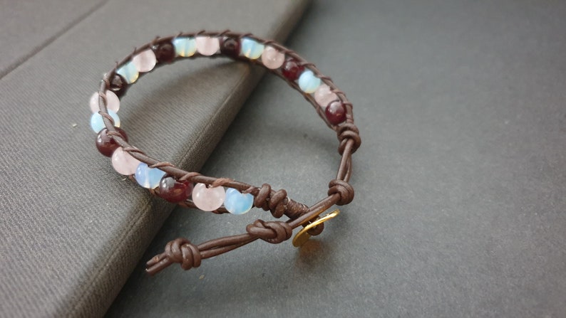 Garnet Rose Quartz Moonstone Woven Brown Leather Bracelet Anklet,Stone Bracelet