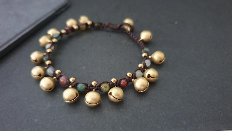 Jingling Brass Bell India Agate  Round Stone Bracelet Anklet,Women Anklet