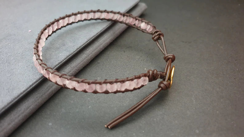4 mm Pink Rose Quartz Leather Wrap Bracelet Anklet, Leather Bracelet, Beaded Bracelet, Women Anklet , Unisex Bracelet,Men Bracelet