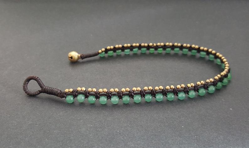 Round Stone Brass/ Silver  Beads Jade Anklet Bracelet, Beaded Bracelets,Women Anklet, Metal Beads