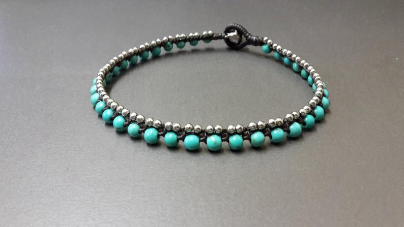 Round Stone Mini Silver Beads Turquoise Anklet Bracelet, Beaded Bracelets,Women Anklet, Metal Beads