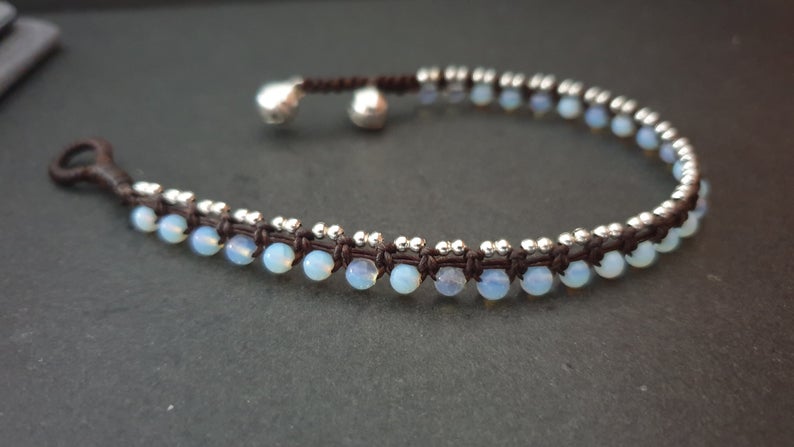 Round Stone Brass/ Silver  Beads Moonstone  Anklet Bracelet, Beaded Bracelets,Women Anklet, Metal Beads