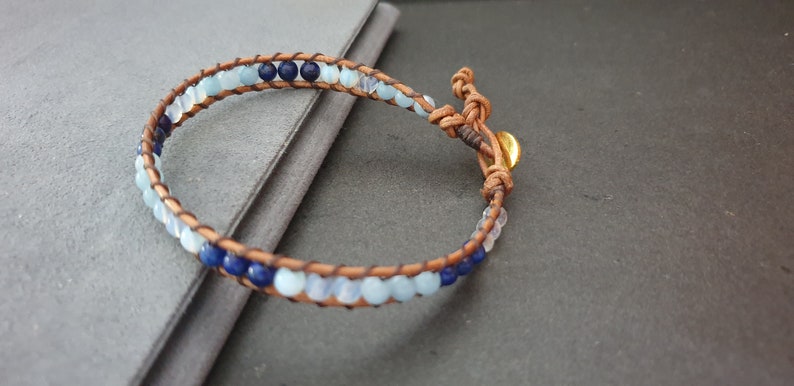 4 mm Blue Aquamarine Moonstone Lapis Leather Bracelet, Beaded Bracelet, Women Anklet , Unisex Bracelet,Men Bracelet