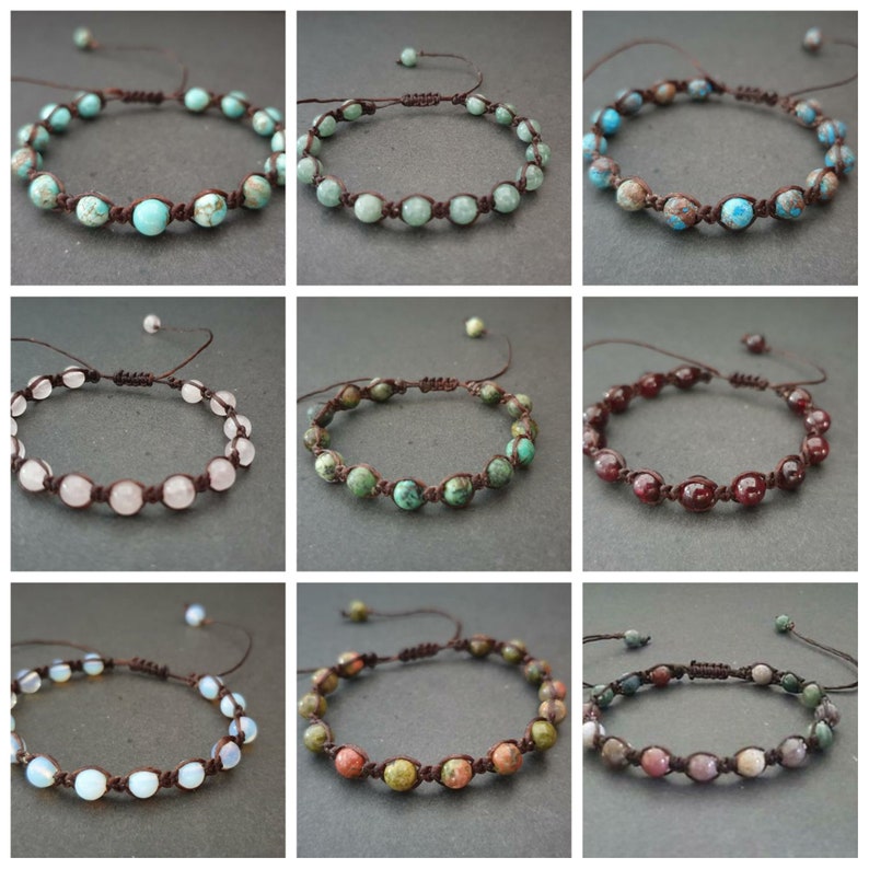 6 mm Round Stone Beads Woven Wax Cord Adjustable Bracelet, Friendship Bracelet, Beads Bracelet