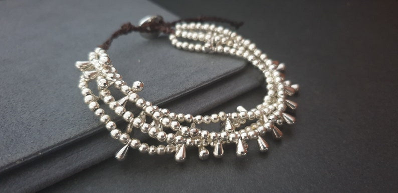 4 chain Silver Brass Chain Drop Bead Bracelet, Bead Bracelet,Silver Beads, charm Bracelet