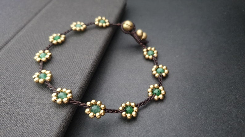 Daisy Stone Beads Brass Flower Anklet Bracelet, Beaded Bracelets, Flower Anklet, Women Anklet, Jade Bracelet, Metal Beads