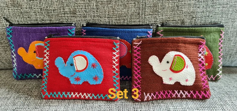 Jewelry Pouch , Set of 5 Handmade Cotton Elephant Coin Purse,Gift, Women ,Elephant Pouch