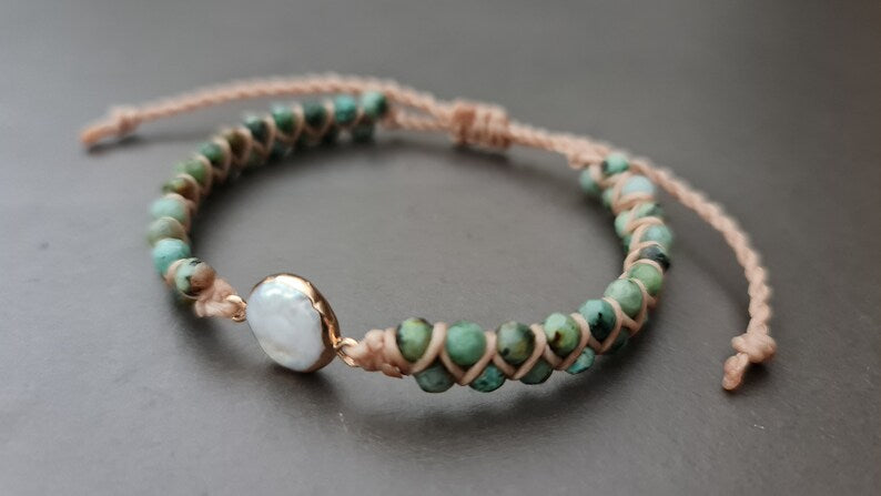 Faceted African Turquoise fresh Water Pearl Wax cord Adjustable Anklet Bracelet,Women Anklet,Adjust Bracelet