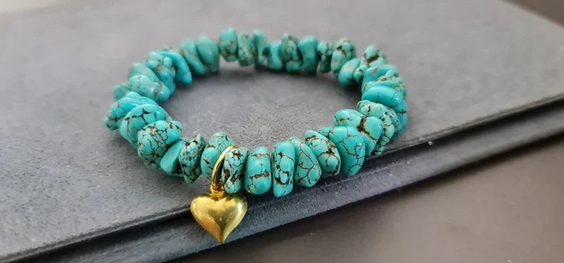 Unisex Jewelry Turquoise Heart Charm Elastic Bracelet,Beaded Bracelets, Women Bracelet, Wrap Bracelet,Unisex Bracelet