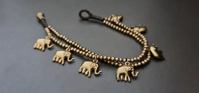 Gold Chain Elephant Bracelet Anklet, Beads Bracelet, Double Chain,Women Bracelet, Women Jewelry