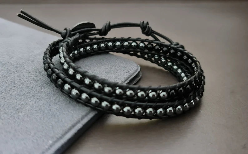 Jet Black Hematite Onyx Black Leather Wrap Bracelet/Anklet,Leather Wrap, Unisex Bracelet, Men Bracelet, Women Bracelet