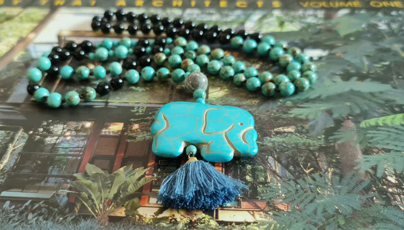 Handmade Turquoise Onyx Long Tassel Elephant Women Necklace, Beaded Necklace