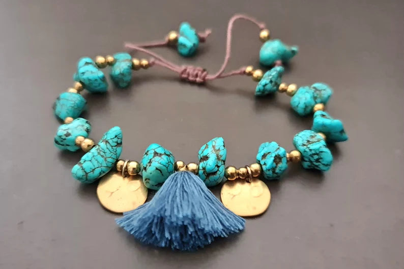 Bohemian Bracelet Nugget Turquoise Brass BeadedTassles Womem Jewelry Adjustable Bracelet
