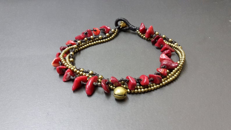 Chip Coral  Stone Brass Chain Bracelet Anklet, Chain Bracelet, Women Anklet, Chip Anklet,Brass Chain , Beaded Bracelet