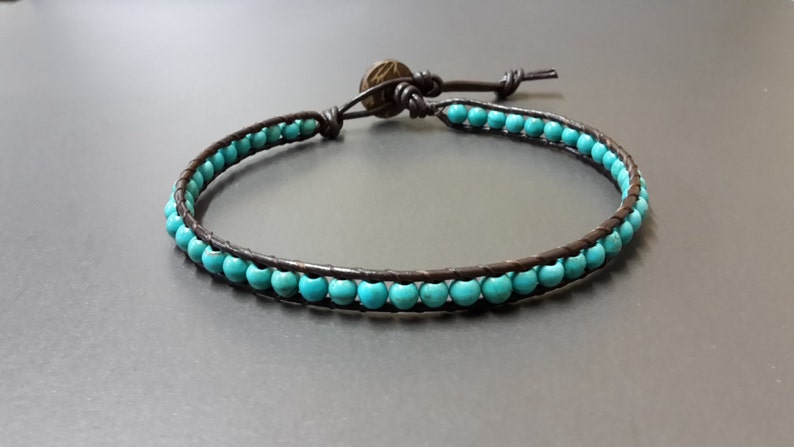 4 mm Turquoise Leather Wrap Bracelet Anklet, Leather Bracelet, Beaded Bracelet, Women Anklet , Unisex Bracelet,Men Bracelet