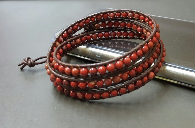 4 mm Red Jasper  Brown Leather Wrap Bracelet/Anklet,Leather Wrap, Unisex Bracelet, Men Bracelet, Women Bracelet