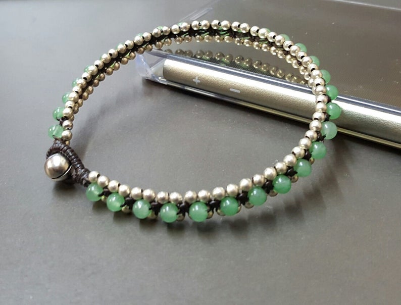 Silver Bead Woven Jade Bracelet Anklet, Beaded Bracelet, Unisex Bracelet, Women Bracelet,Stone Bracelet