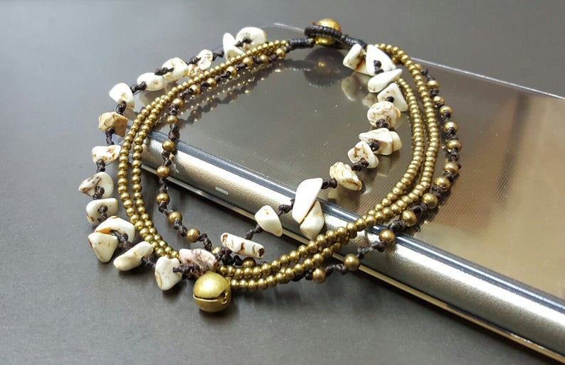 Chip Howlite Stone Brass Chain Bracelet Anklet, Chain Bracelet, Women Anklet, Chip Anklet,Brass Chain , Beaded Bracelet