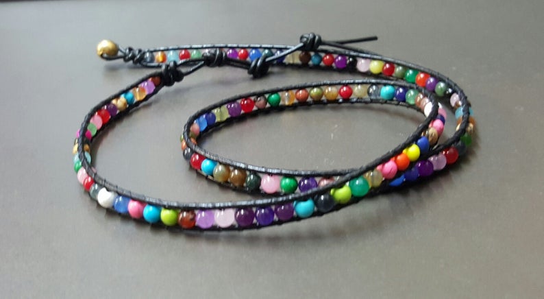 4 mm Colorful Stone  Leather Wrap Bracelet/Anklet,Leather Wrap, Unisex Bracelet, Men Bracelet, Women Bracelet