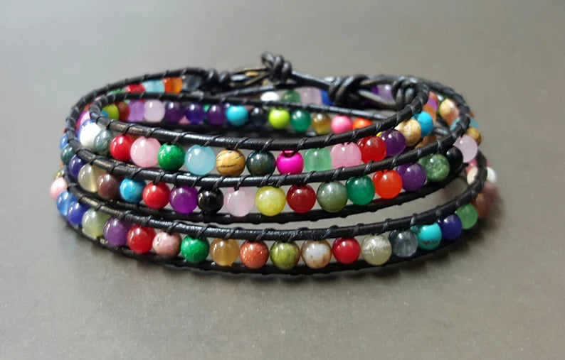 Colorful Stone Black Leather Wrap Bracelet, Candy Beads Bracelet, Beaded Bracelets, Leather Wrap