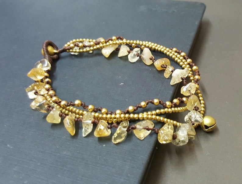 Chip Citrine Stone Brass Chain Bracelet Anklet, Chain Bracelet, Women Anklet, Chip Anklet,Brass Chain , Beaded Bracelet