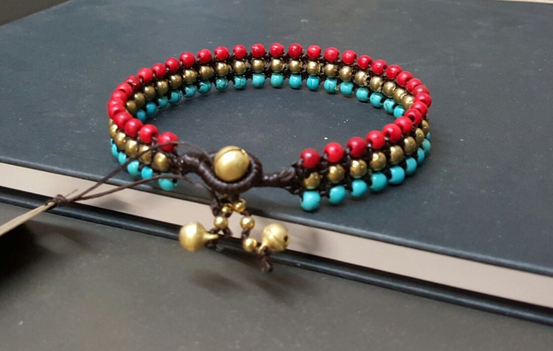 Red Blue Brass Woven Bracelet , Beaded Bracelet, Women Anklet, Unisex Bracelet, Turquoise Coral Bracelet