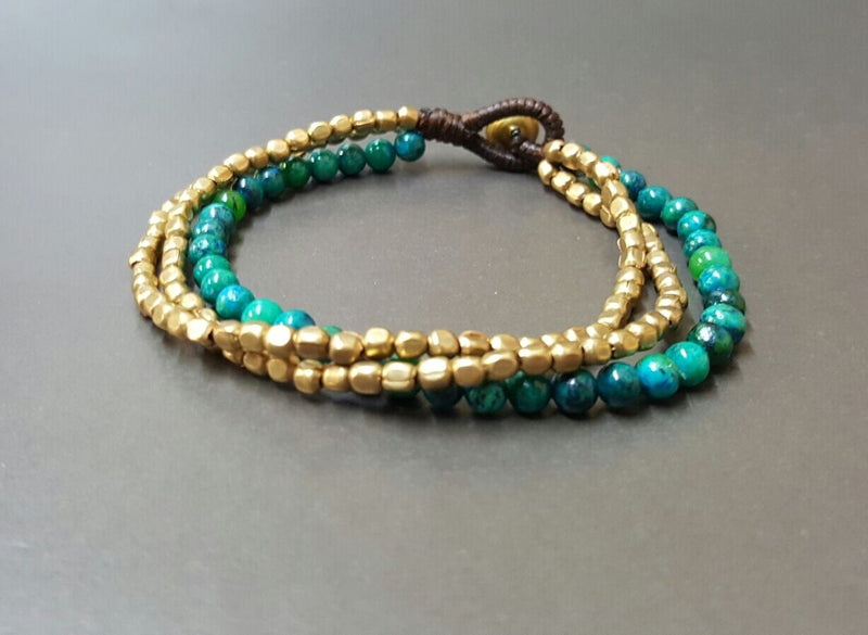 Chrysocolla Cube Chain Bracelet, Beaded Bracelet, Turquoise Bracelet,Metal Beads, Brass Bracelet,Women Bracelet