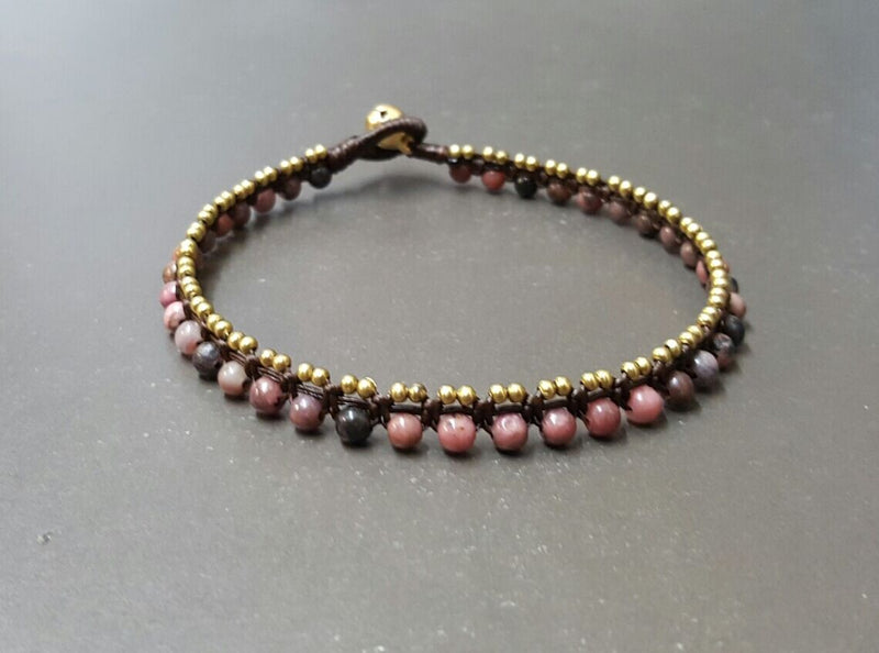 Round Stone Brass Beads Rhodonite  Anklet Bracelet, Beaded Bracelets,Women Anklet, Metal Beads